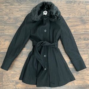 Black faux fur peacoat with flared skirt